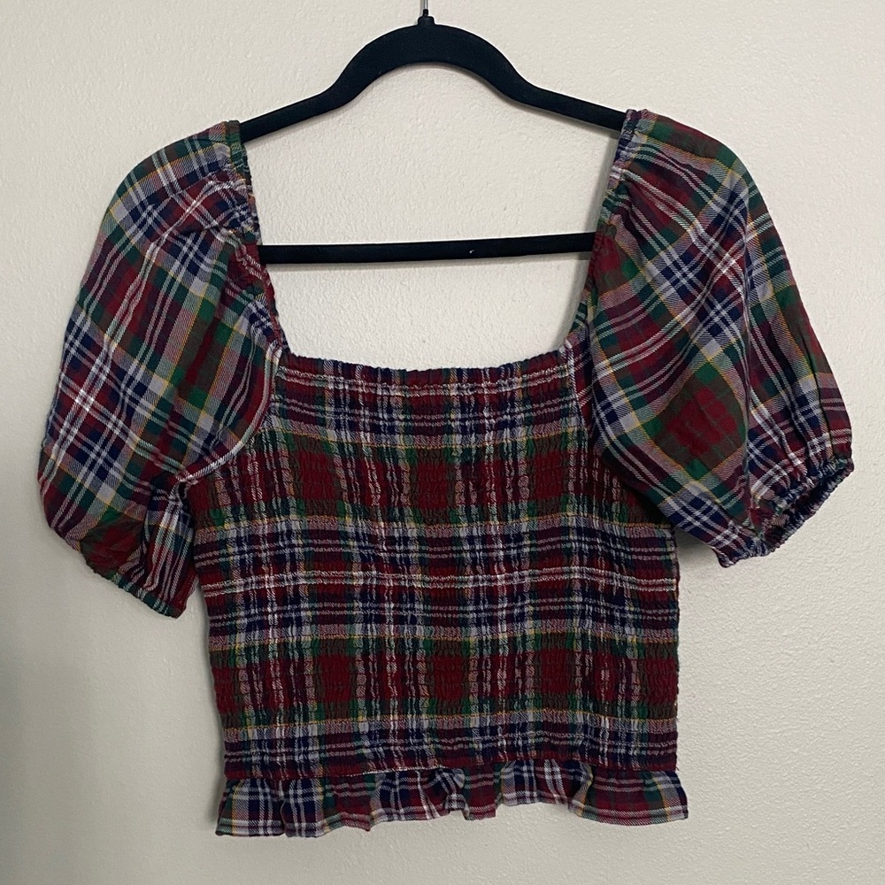 A&E Plaid Puff Sleeve Top